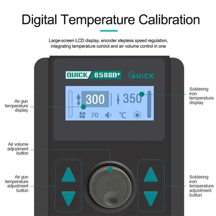 QUICK 8586D+ 800W Intelligent Encoder Step-Less Speed Regulation Hot Air Gun Soldering Station